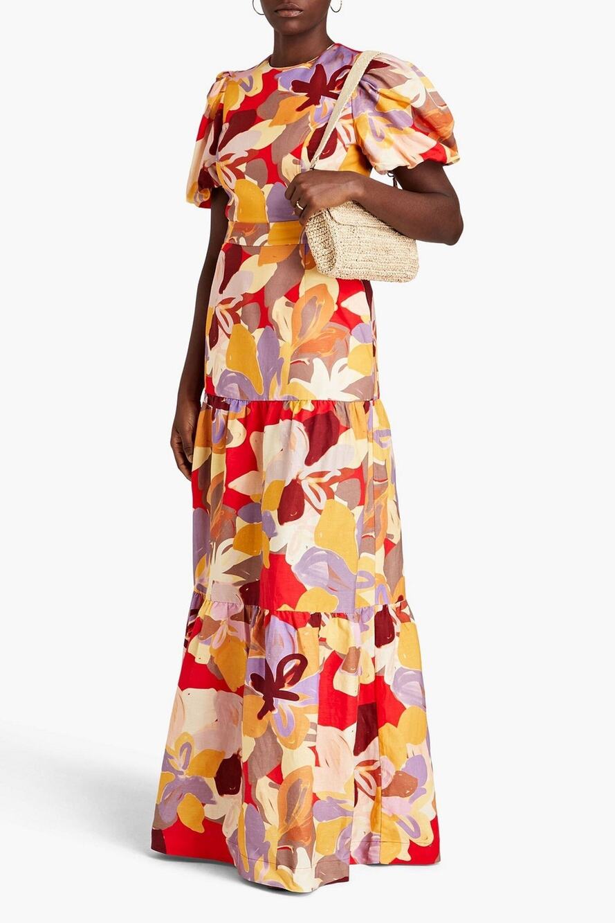 Rebecca Vallance Australia Abstract Floral Print Linen Blend Maxi Dress 10 NWT